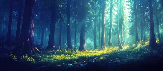 Obraz premium Enchanting forest scenery illuminated by soft sunlight filtering through tall trees creating a serene natural landscape ambiance.