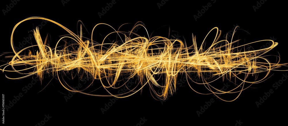 Aufkleber Golden shimmering lines on black background creating an abstract artistic representation of dynamic movement and energy