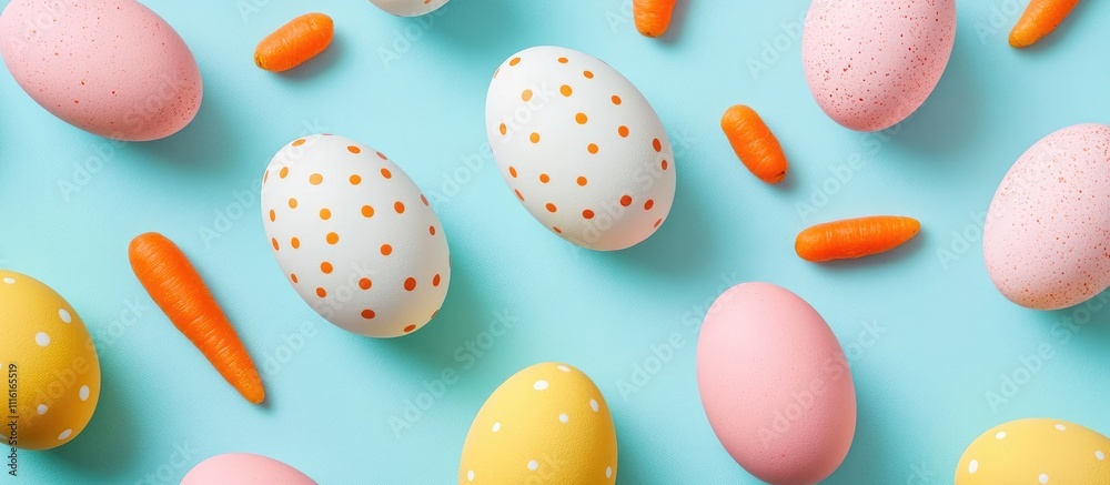 Poster colorful easter eggs and carrots arranged on pastel blue background creating a festive spring flat l