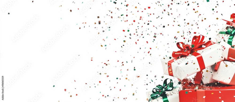 Aufkleber festive stack of colorful gift boxes with ribbons and falling confetti on a white background ideal f
