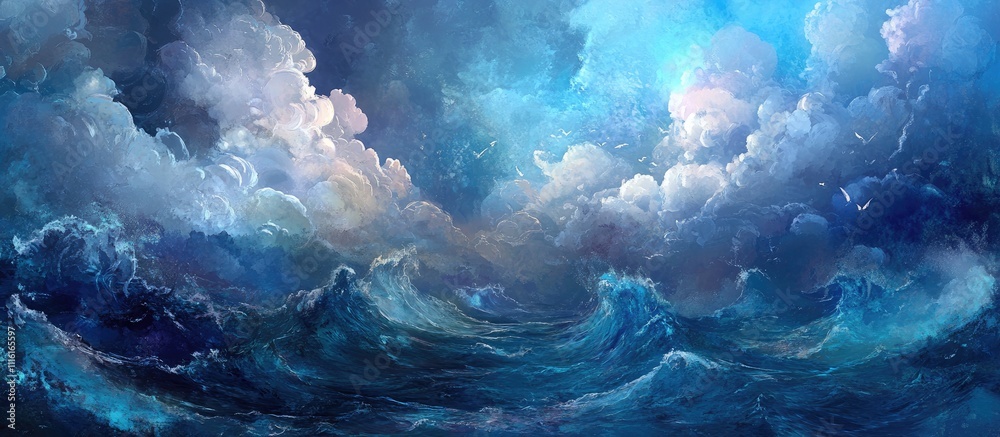 Poster Vivid ocean waves under a dramatic sky with clouds and reflections creating a tranquil and dynamic marine atmosphere