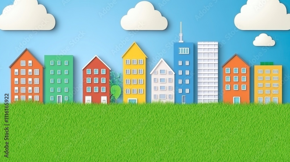 Aufkleber Modern cityscape with colorful buildings symbolizing cloud computing and SaaS communication networks on a vibrant background.
