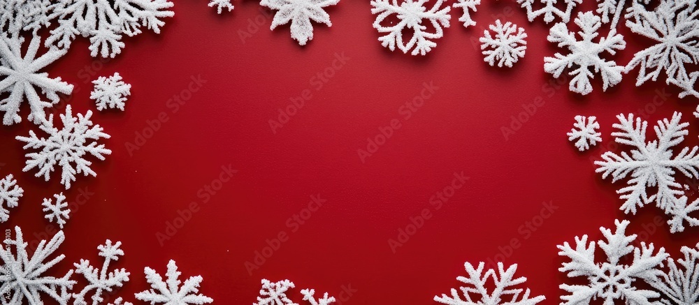 Aufkleber snowflake adorned christmas frame on vibrant red background with ample copy space for festive announ