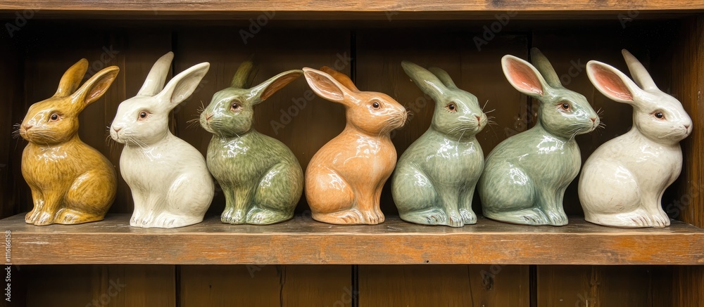Poster colorful handcrafted ceramic rabbits arranged neatly on a wooden shelf showcasing craftsmanship and 