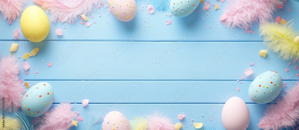 Poster Easter themed frame with colorful eggs and feathers on a blue wooden background creating a minimalistic card design with copy space.