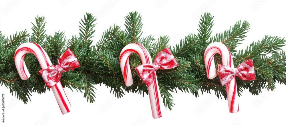 Aufkleber Christmas Frame with Fir Tree Branch and Candy Canes Decorated with Bows on White Background Ideal for Festive Text Insertion