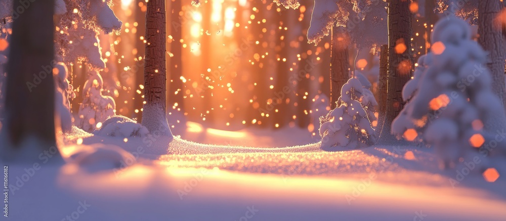 Poster sunlit snowy forest with pine trees creating a serene winter landscape and gentle snowfall in the go