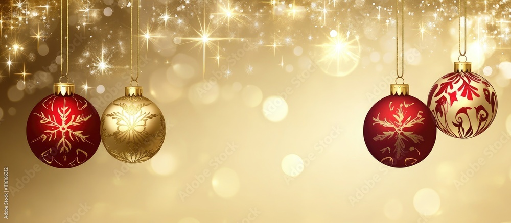 Poster elegant christmas ornaments in gold and red hues against a shimmering golden backdrop with sparkling