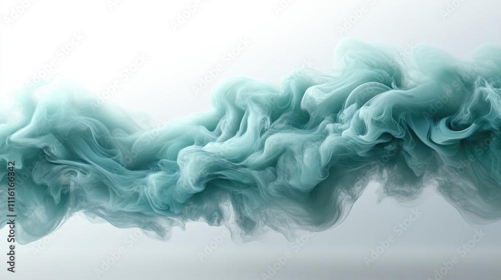 Poster Abstract swirling smoke patterns in soft green hues creating an ethereal visual effect against a minimalistic white background.