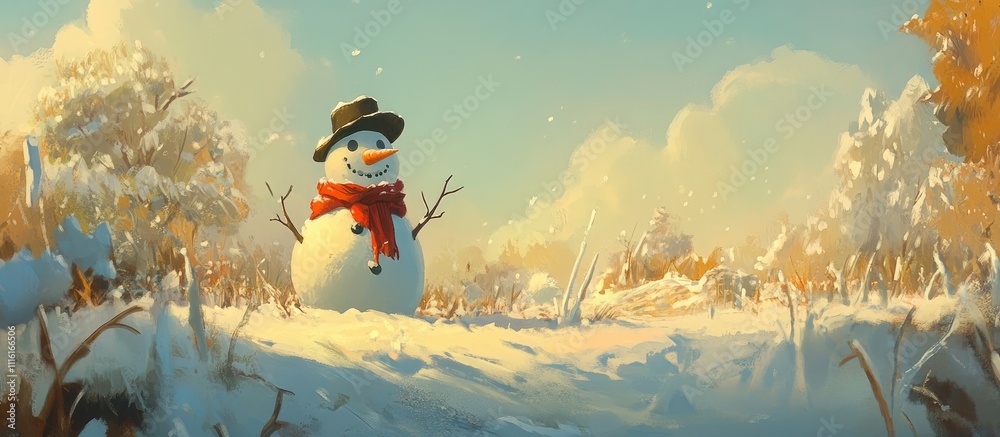 Poster whimsical winter landscape with a cheerful snowman dressed in a hat and scarf surrounded by snowy tr