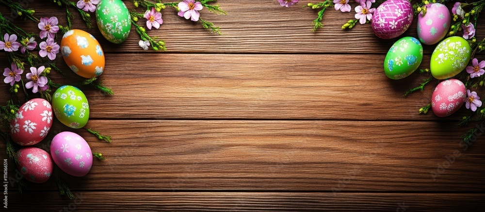 Aufkleber easter eggs and flowers arranged on a rustic wooden background creating a festive spring atmosphere