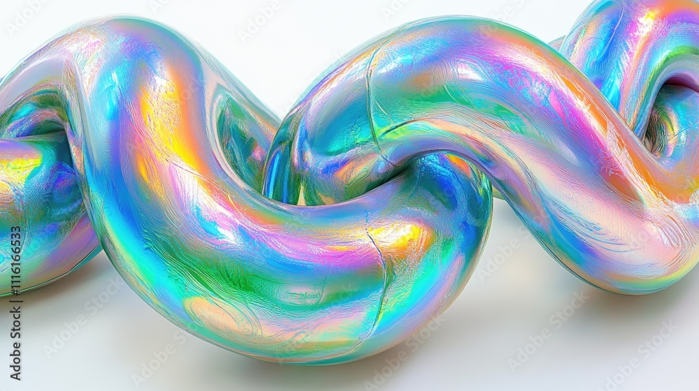 Poster iridescent twisted chain with vibrant colors showcasing fluid movements and light reflections on a s