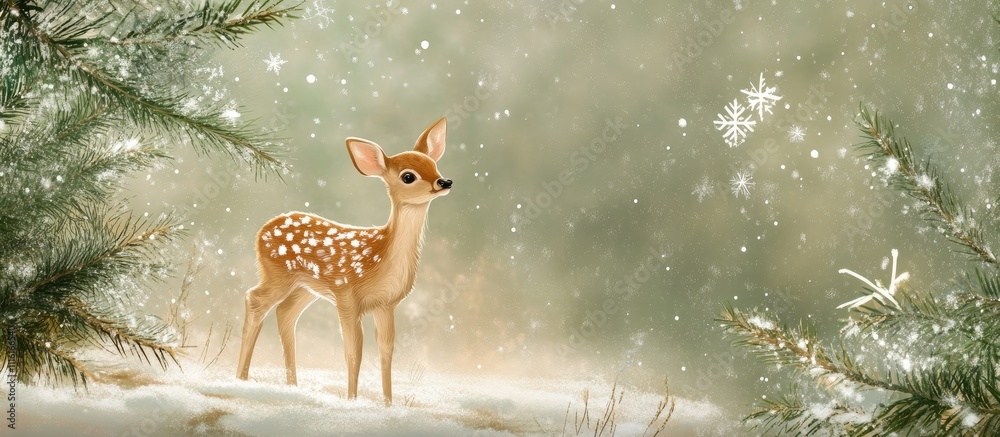 Aufkleber serene winter scene with a gentle deer surrounded by snowflakes and evergreen trees creating a festi