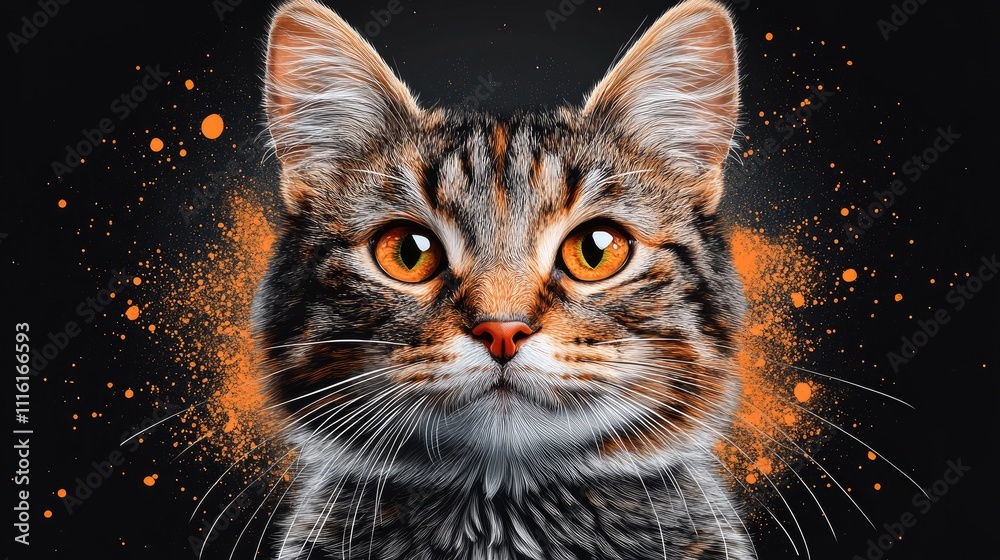 Aufkleber Majestic close-up of a large tabby cat with striking orange eyes against a dark backdrop highlighting its playful expression and intricate fur patterns.