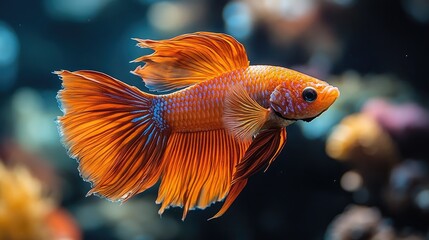 Obraz premium Colorful betta fish gracefully swimming against a dark background, showcasing vibrant orange fins and intricate patterns, aquatic life, ornamental fish, nature photography.