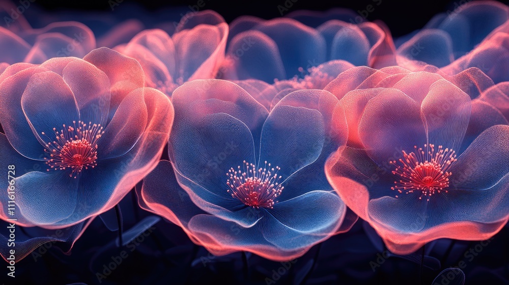 Poster Soft glowing floral patterns creating an ethereal abstract background in shades of pink and blue for artistic design and decoration.