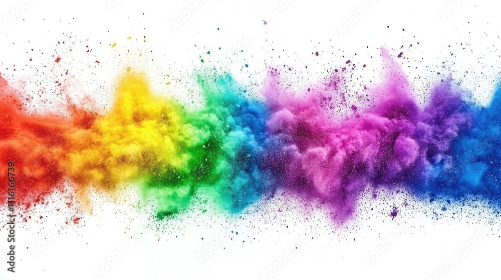 Leinwandbilder Vibrant colored powder explosion creating an abstract rainbow dust cloud against a white backdrop for dynamic visual effects and designs.