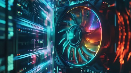 Obraz premium Closeup of a Spinning Computer Cooling Fan with Neon Lights