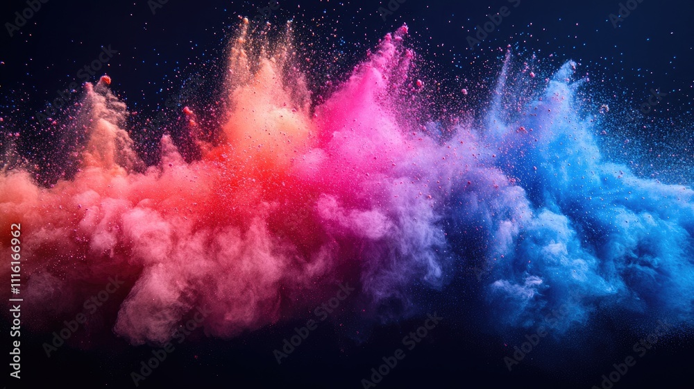 Poster vibrant colored dust explosion creating a stunning visual effect against a dark background with burs
