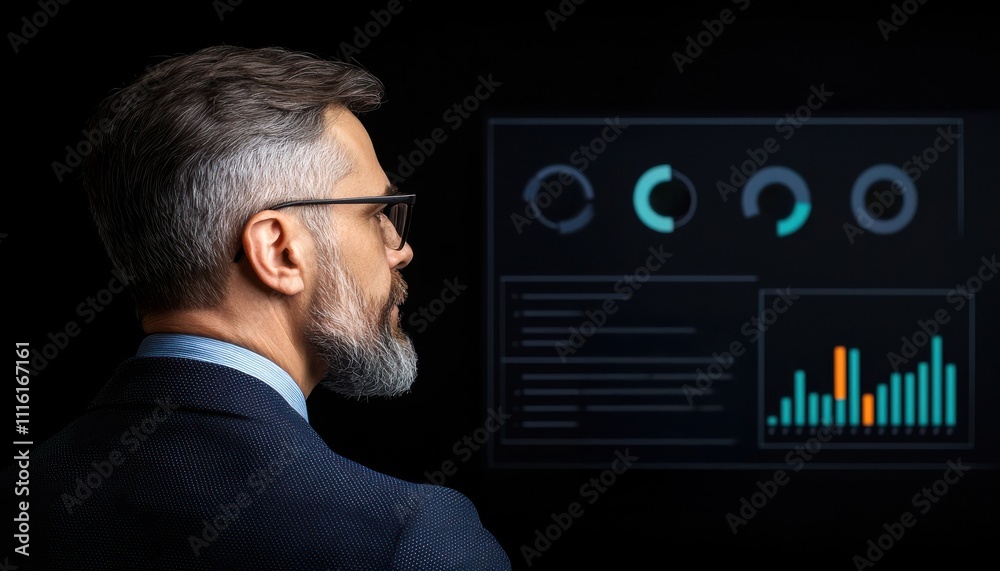 Fototapete A man with a beard and glasses analyzes digital data on a screen, showcasing graphs and metrics in a dark environment.