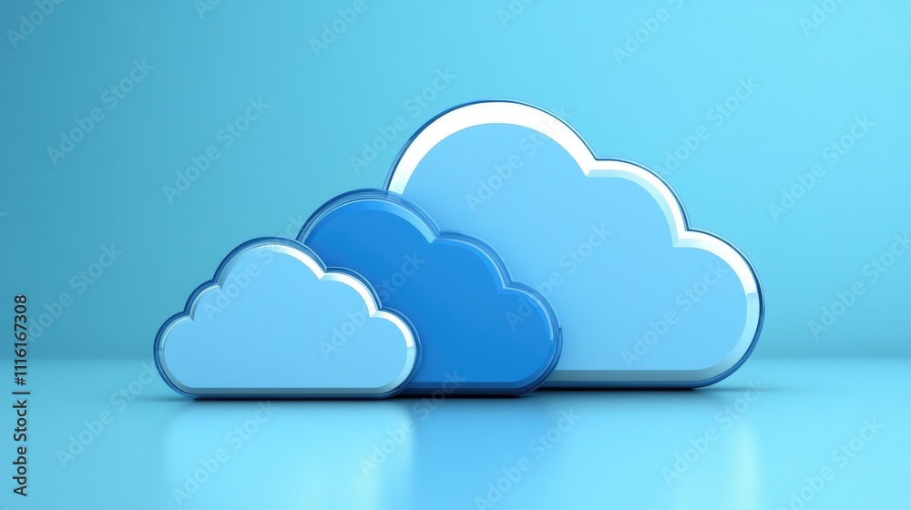 Poster cloud computing technology with stylized cloud icons on a blue background representing data transfer