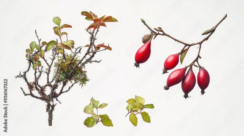 Poster christmas botanical composition featuring fir branches moss and rose hips on a transparent backgroun