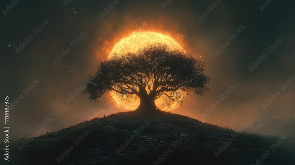 Poster majestic silhouette of an ancient tree against a dramatic sunset creating a serene and mystical atmo