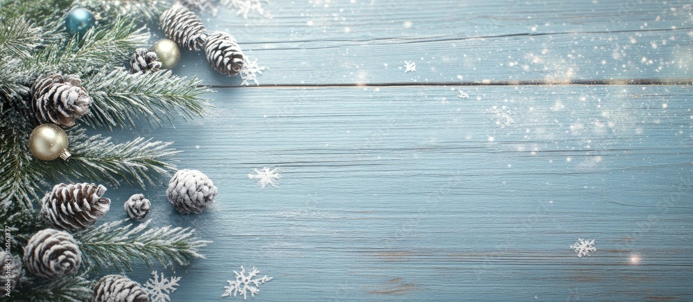 Poster winter christmas backdrop with fir branches and pine cones adorned by snow on rustic wooden texture 
