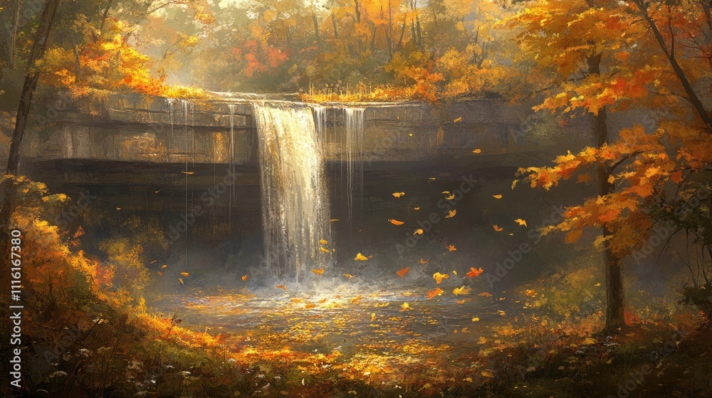 Poster Autumn waterfall cascading through vibrant golden foliage in a tranquil forest setting with colorful leaves floating in the air.