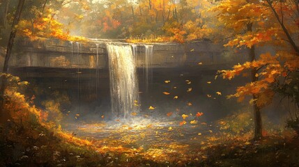 Fototapeta premium Autumn waterfall cascading through vibrant golden foliage in a tranquil forest setting with colorful leaves floating in the air.