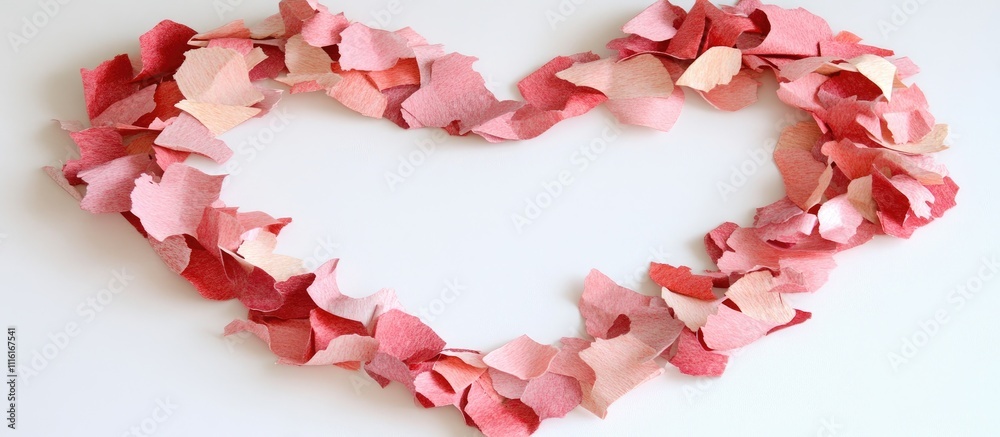 Poster pink heart shape made from shredded craft paper arranged artistically on a clean white background fo