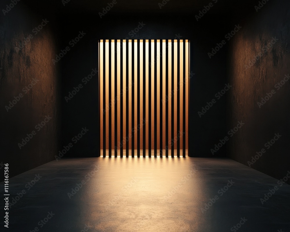 Aufkleber A dimly lit room features vertical light beams casting a warm glow, creating a striking contrast against the dark walls and floor.