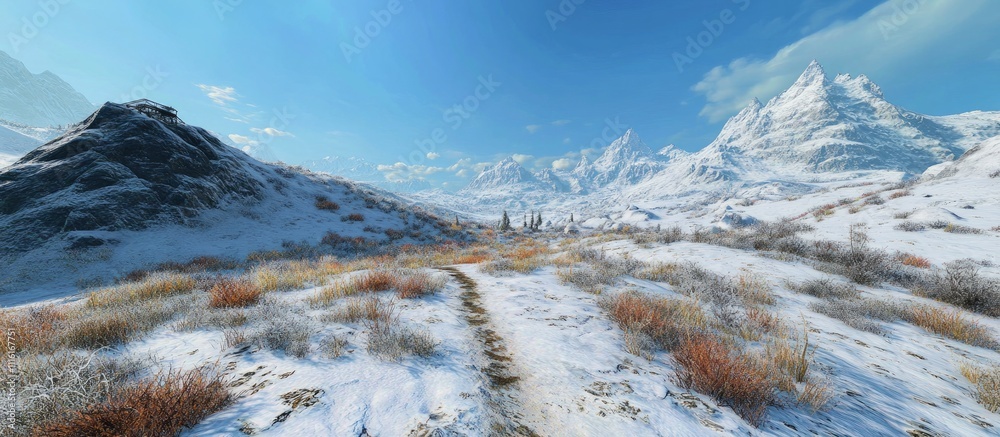 Poster snowy mountain landscape in early winter with a winding path under a clear blue sky and sparse veget