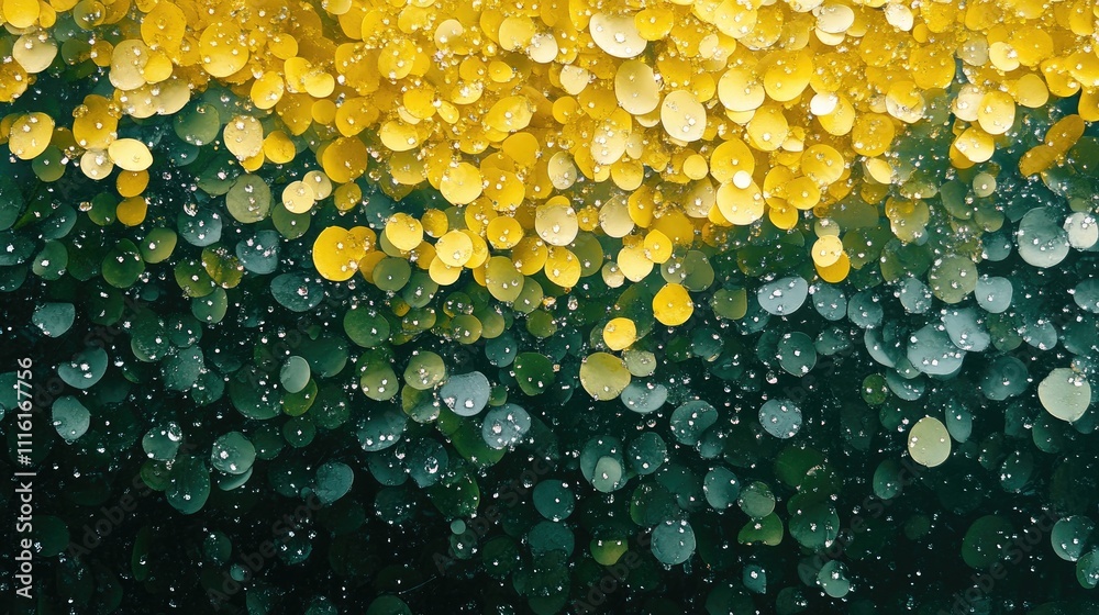 Poster Vibrant abstract background with yellow and green circular shapes creating a dreamy bokeh effect with water droplets.