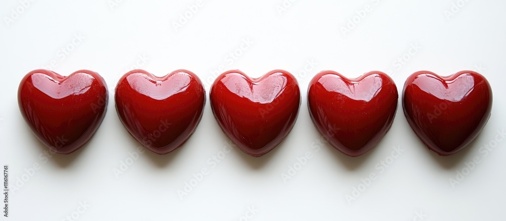 Poster red glossy hearts arranged in a line on a clean white background symbolizing love and affection in a
