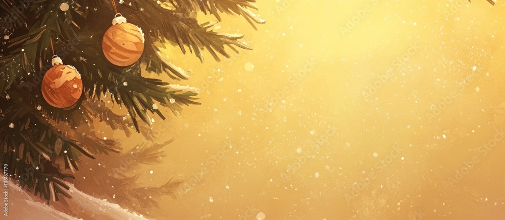Poster Warm festive Christmas background with shimmering ornaments on a tree and a soft golden glow creating a joyful holiday atmosphere.