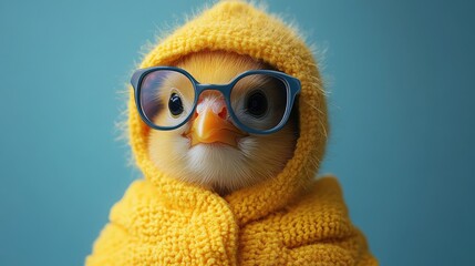 Fototapeta premium Charming chick in glasses and yellow hoodie portraying a humorous take on a doctor with stethoscope concept in vibrant colors.