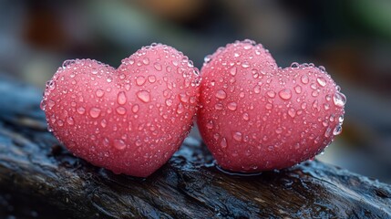 Obraz premium Romantic Hearts Covered in Dew on Natural Wooden Background
