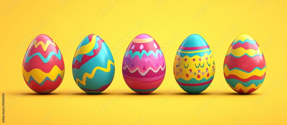 Poster Colorful Easter eggs displayed in a row on a vibrant yellow background symbolizing spring and festive celebrations