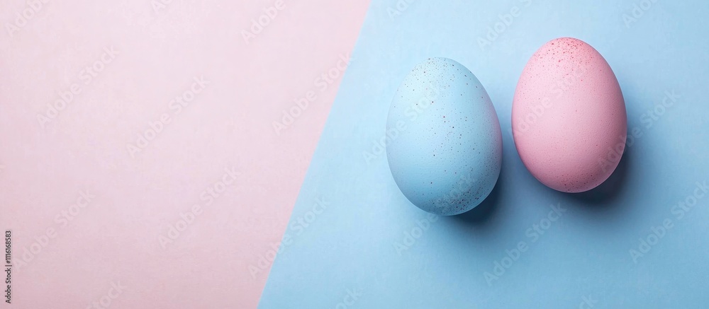 Poster minimalist design featuring pastel colored easter eggs in blue and pink with space for text on a sof