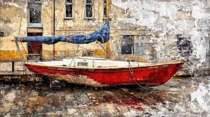 Obraz premium Red sailboat at weathered docks with textured background reflecting rustic charm and maritime atmosphere.