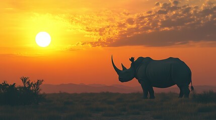 Fototapeta premium Rhino silhouetted against a vibrant sunset.