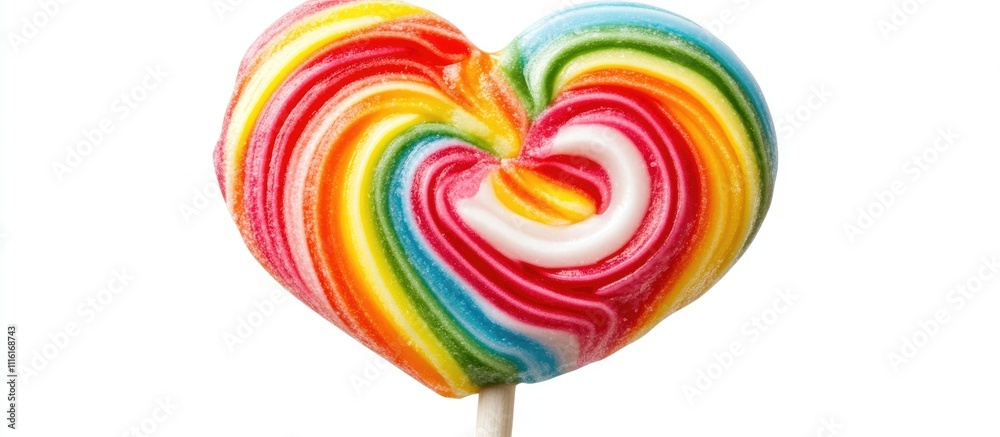 Poster vibrant rainbow heart-shaped lollipop closeup on a clean white background showcasing colorful swirls