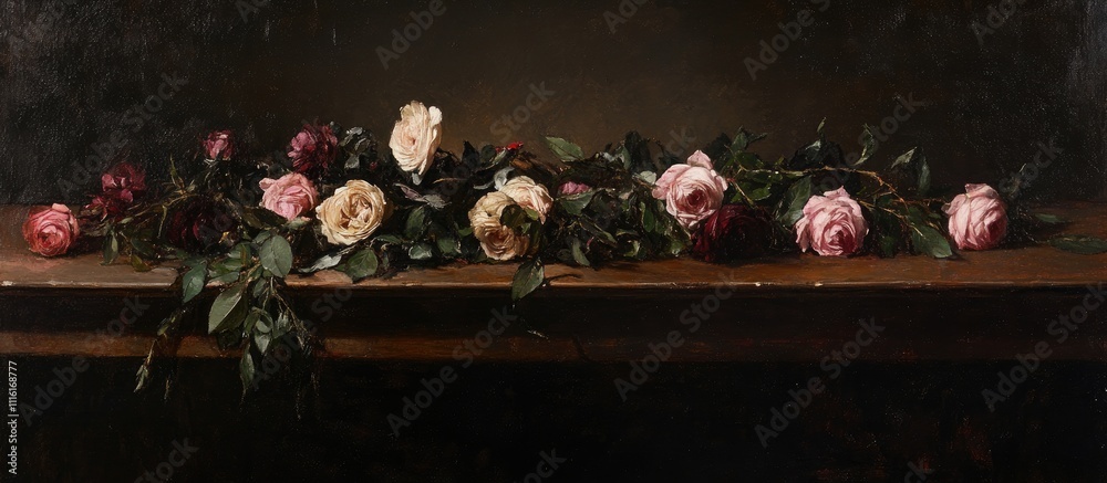 Poster Elegant still life featuring a rustic table adorned with a beautiful arrangement of assorted roses in soft hues.