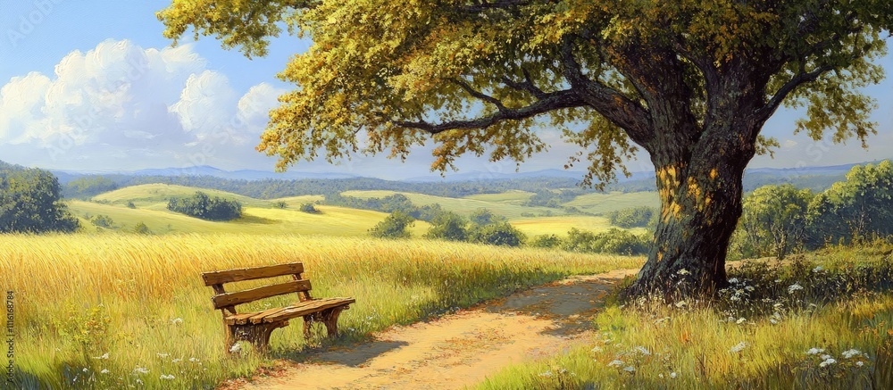 Poster serene landscape with a wooden bench under a tree in a golden field during a sunny day with blue ski