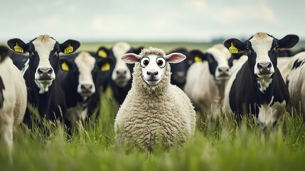 Fototapeta premium Sheep with cow mask in pasture.