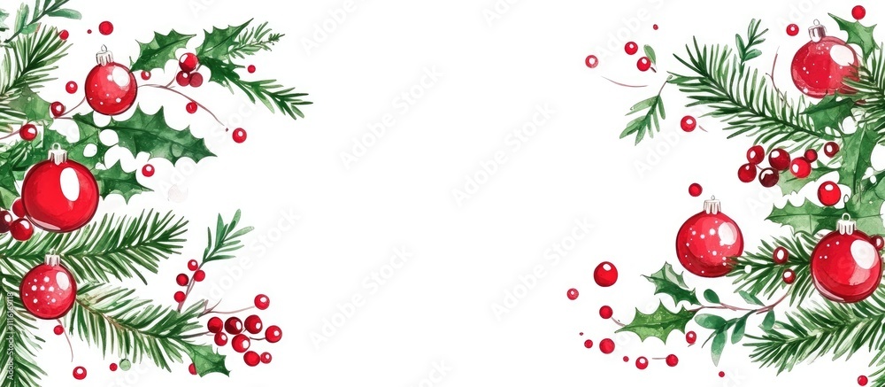 Poster christmas background design with decorative spruce branches and ornaments featuring ample copy space