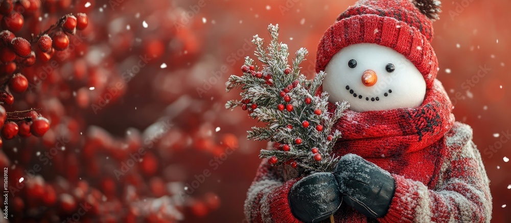 Poster snowman with festive tree in red background surrounded by snowflakes creating a joyful winter holida