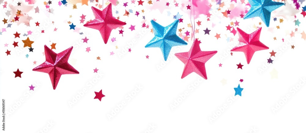 Poster colored star confetti against a white background creating a festive frame for celebrations or party 