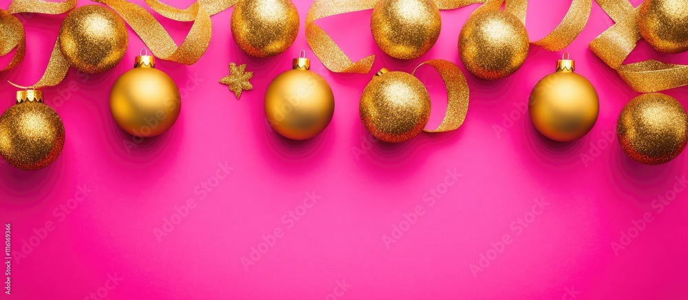 Poster Golden Christmas ornaments and ribbons on vibrant pink background creating a festive card design with space for personalized text options.